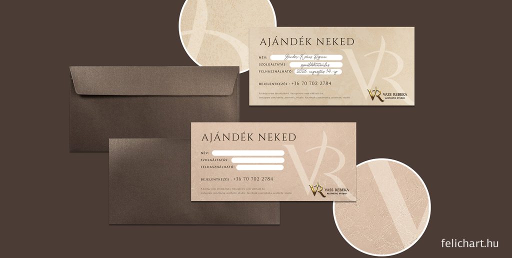 Elegáns ajándékkártya tervezés szépségipari vállalkozásnak – Felichart Design szabadúszó grafikus.