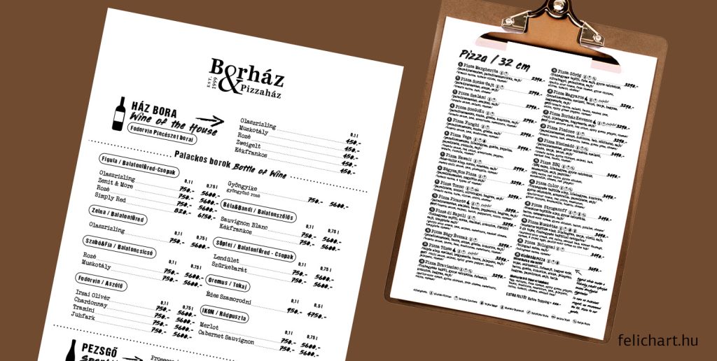 gyedi étlap tervezés Felichart Design szabadúszó grafikustól, jól tagolt és márkához illő dizájnnal.