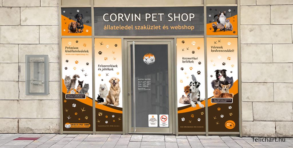 Egyedi kirakatdekoráció és fólia grafika Felichart Design szabadúszó grafikustól, márkaazonos látványtervvel.