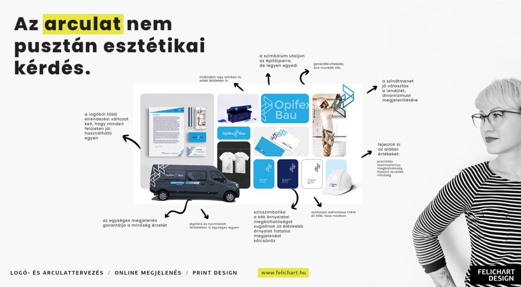 Opifex Bau céges arculattervezése logóváltozatokkal, színvilággal és online, nyomtatott arculati alkalmazásokkal